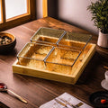 [4-grid fruit plate with amber water ripples] + wooden plate, thickened plastic