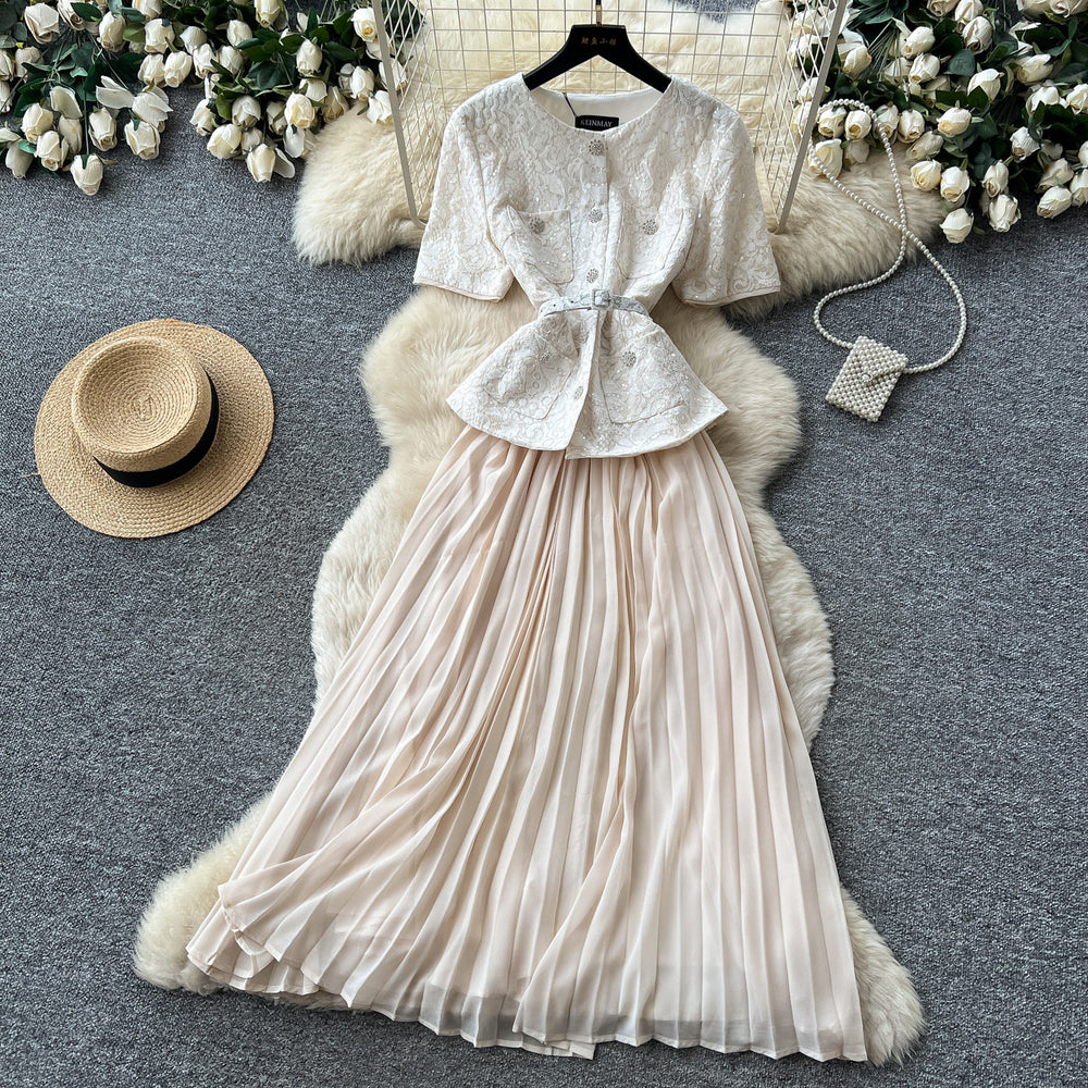 Xiaoxiangfengsequin short-sleeved sequinpleated dress women's summerclassy waist slimming lookpleated long skirtwork clothing