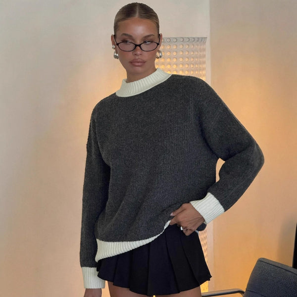 Lazy simple autumn and winter new short wool sweater women's round neck loose thickened pullover color matching sweater manufacturer wholesale