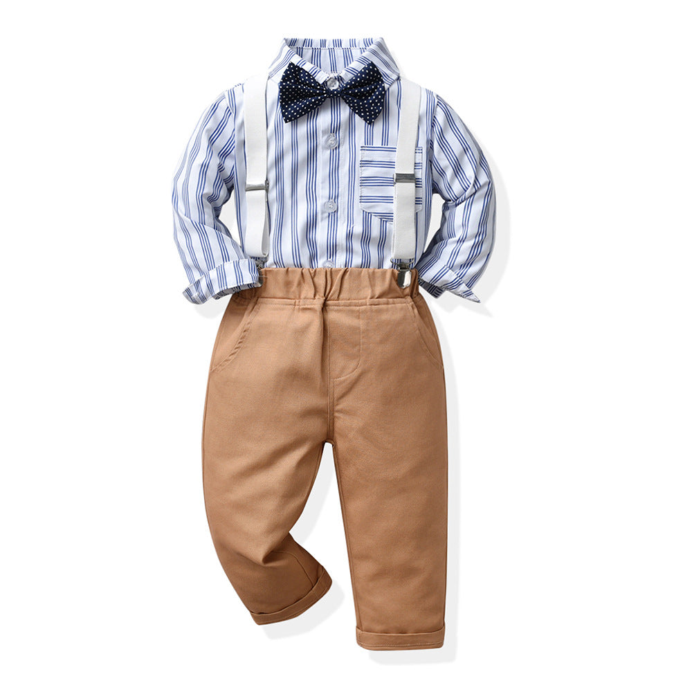 Boys' suit set: autumn long-sleeve striped shirt, overalls, bow tie - gentleman's outfit for baby's first birthday