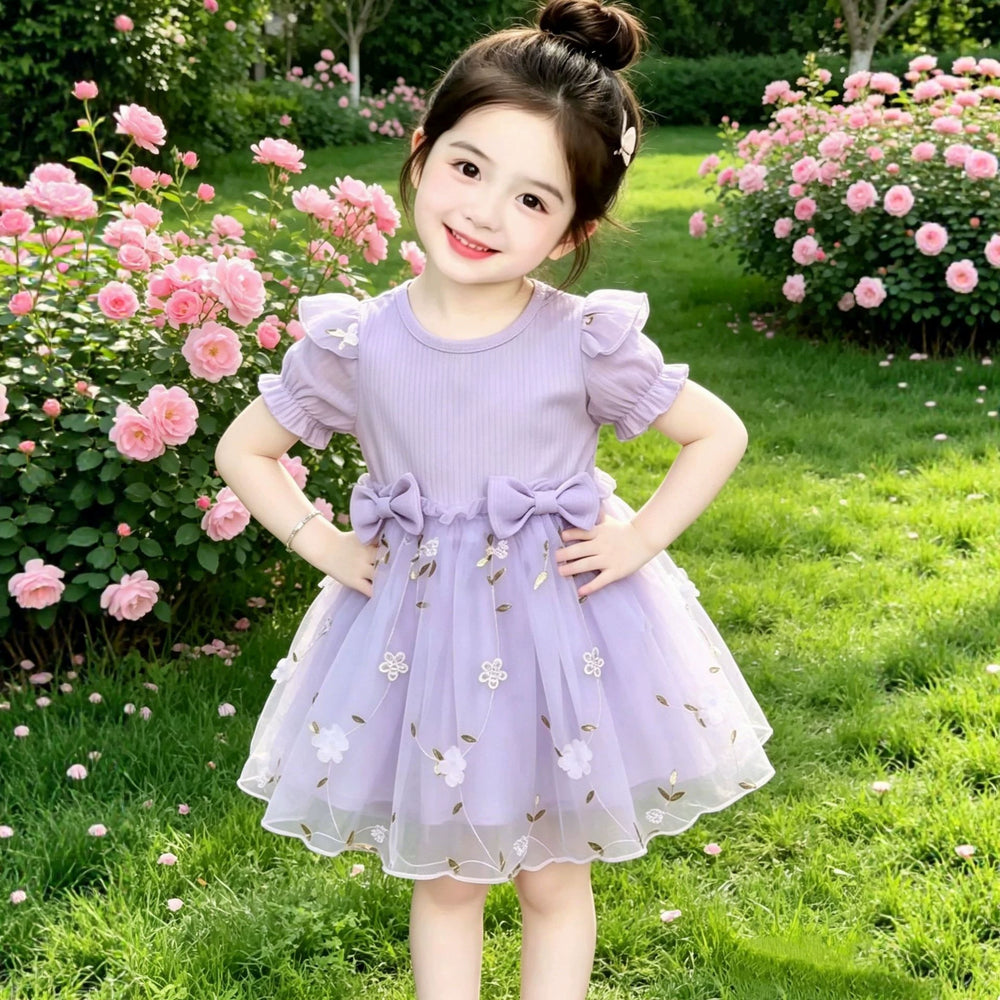 summer girls' pink slimming tulle dress - kids' summer fashion short-sleeve princess dress - sweet
