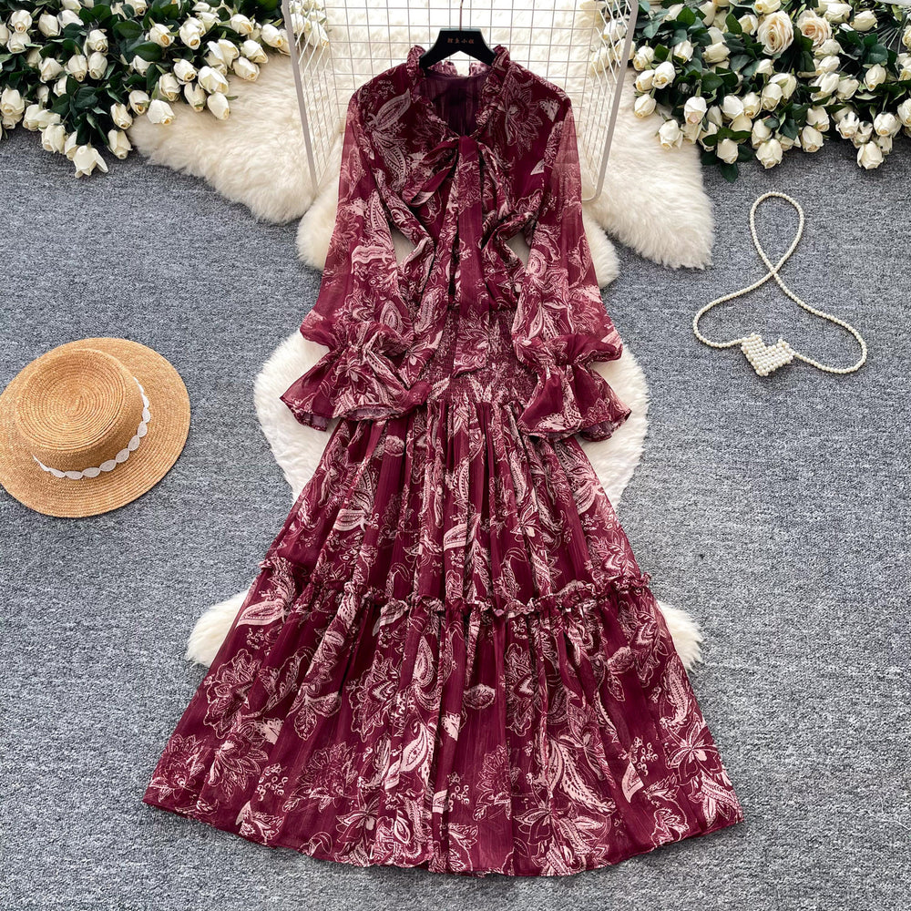French chic bow print dress - women's spring/autumn long sleeve v-neck a-line maxi dress - slim fit & figure flattering