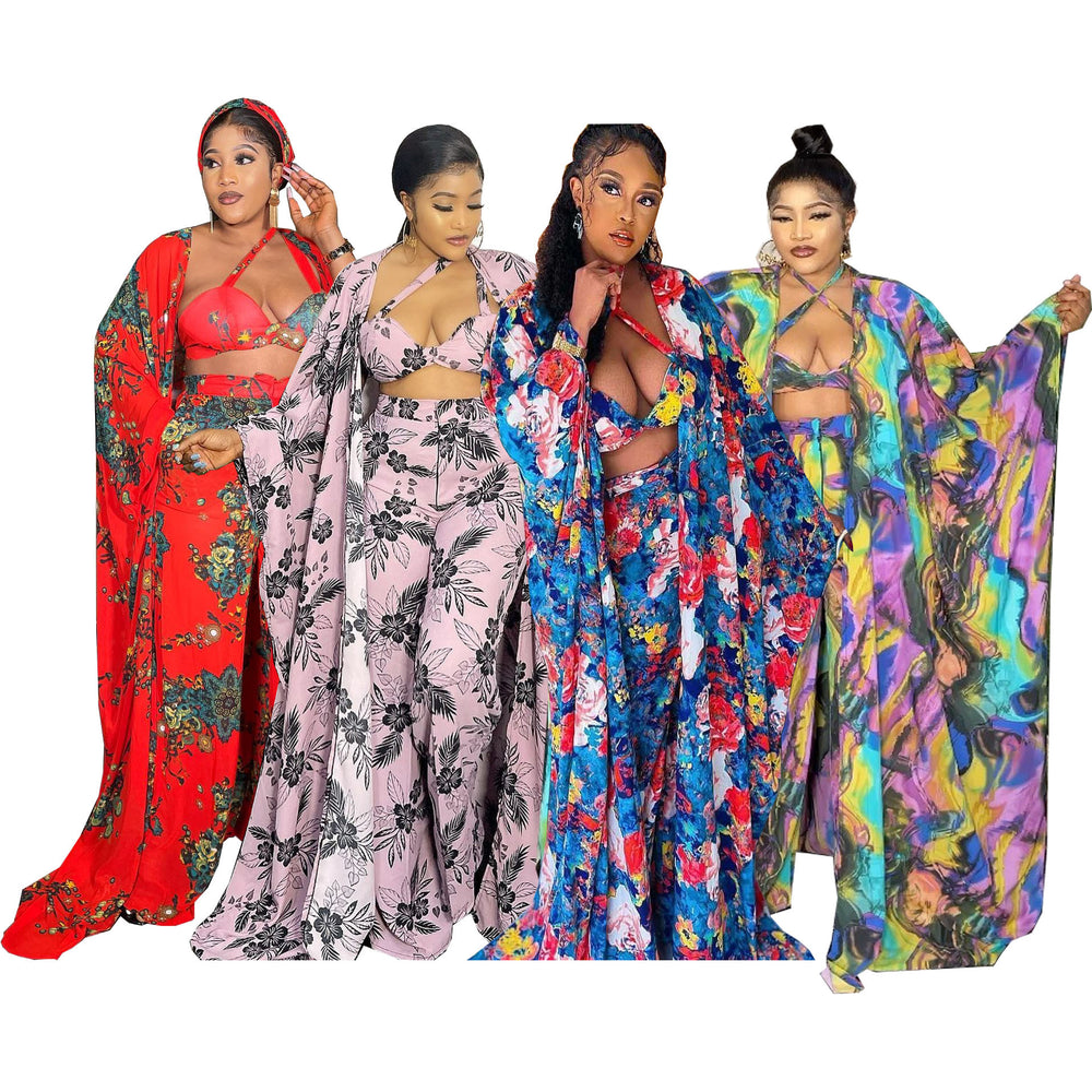 Fashionable digital print loose robe with wide-leg pants, bra, and headscarf 4-piece set - african women's clearance