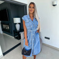 cross-border plus size women's fashion: sleeveless denim maxi dress with turn-down collar and tie-up detail