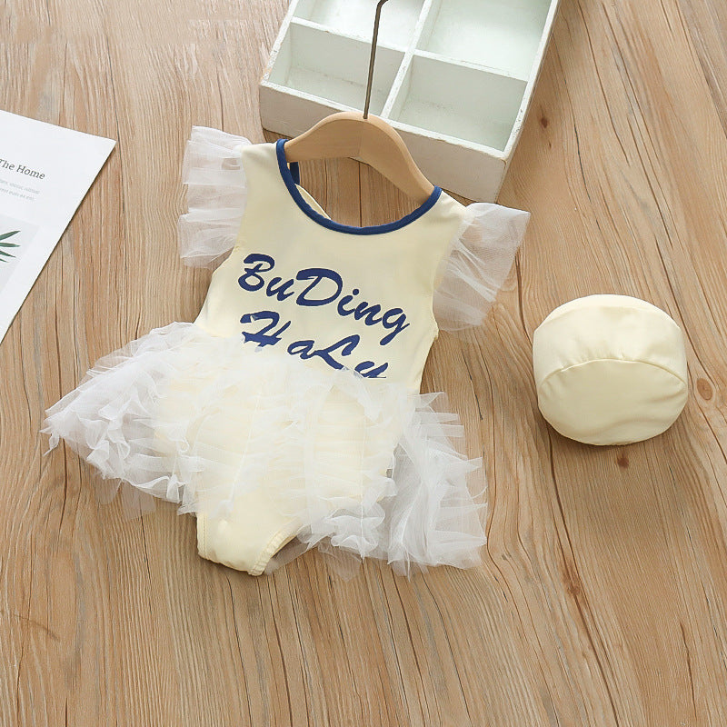 Korean-style ins baby girl swimsuit - cute puffy one-piece mesh swimwear for toddlers and young girls