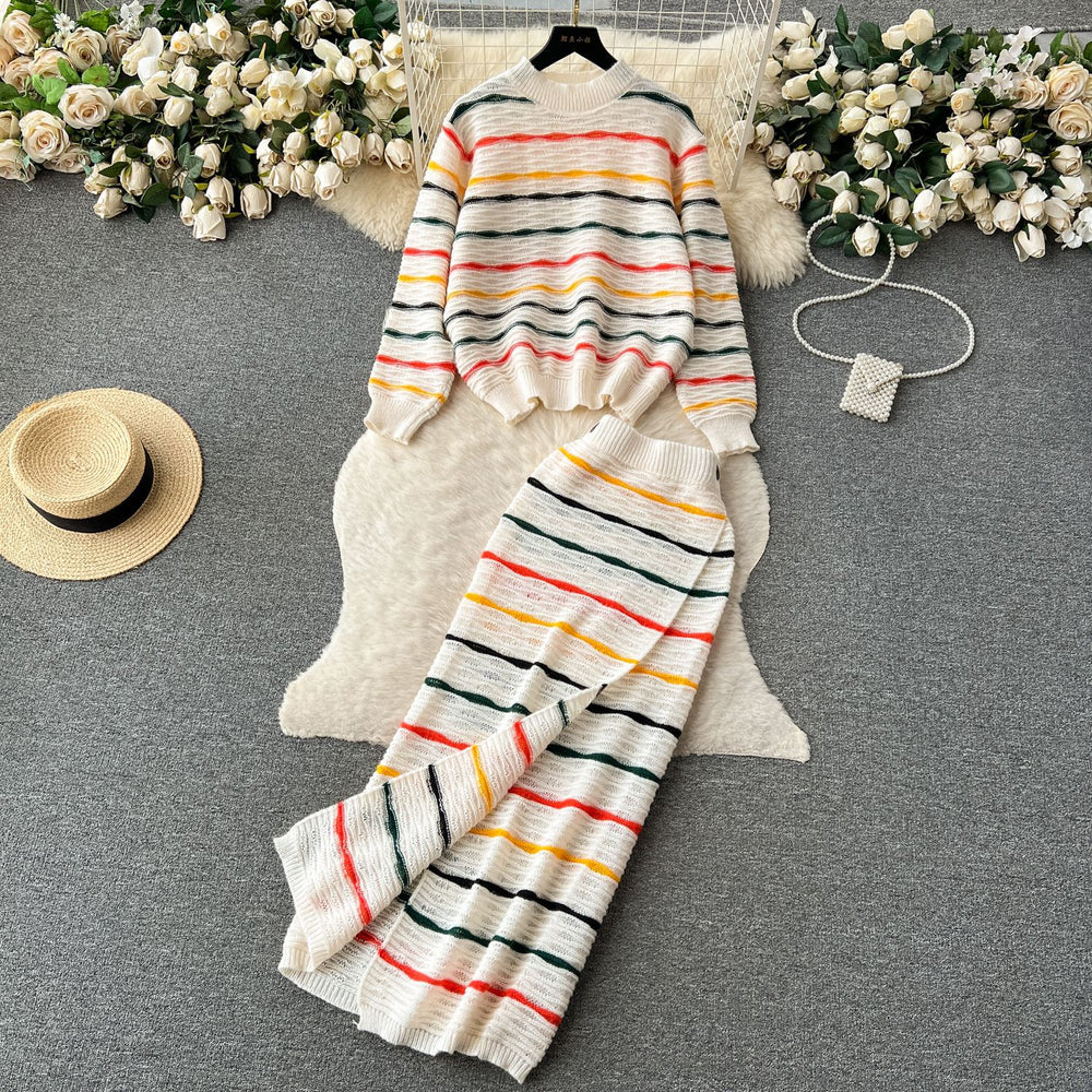 Fall and winternew arrival hong kong style retroknittingsuit women's long sleevesloose round neck stripestopsniche stylesense of design long skirt