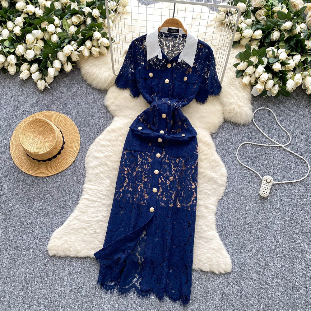 Palace style short-sleeved lapel dress women's summer mesh cut out crochet design royal sister long skirt with suspender skirt suit