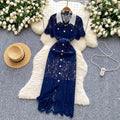 Palace style short-sleeved lapel dress women's summer mesh cut out crochet design royal sister long skirt with suspender skirt suit