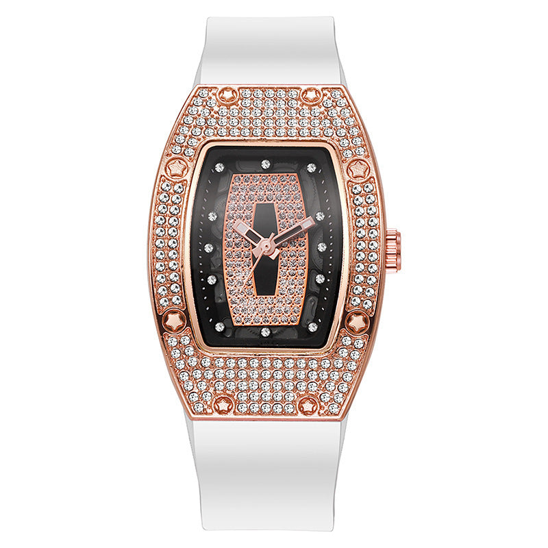 Honghong wine barrel-shaped diamond-encrusted quartz tape women's watch fashiontrendyelegant women's watch silicone watch wholesale