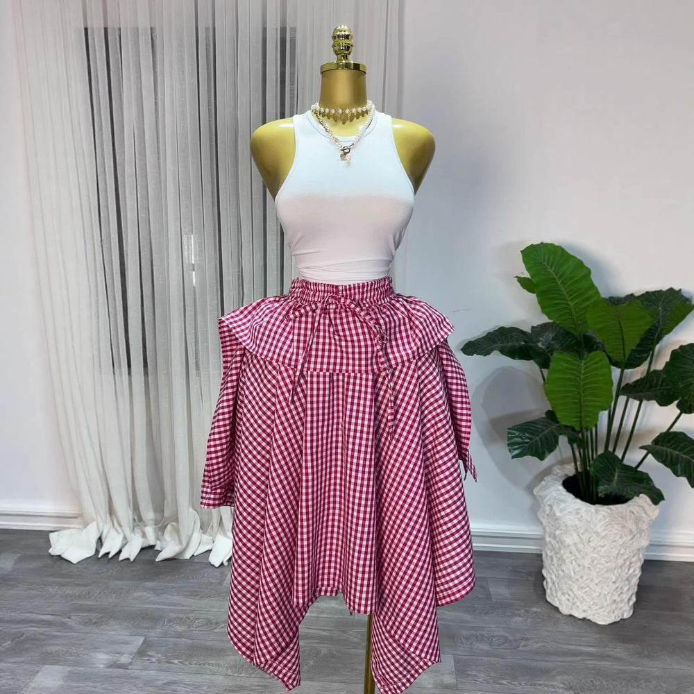 European and american cross-border women's fashion:  summer new arrival - high-waisted, slimming, elastic waist, tie-waist, asymmetrical plaid midi skirt