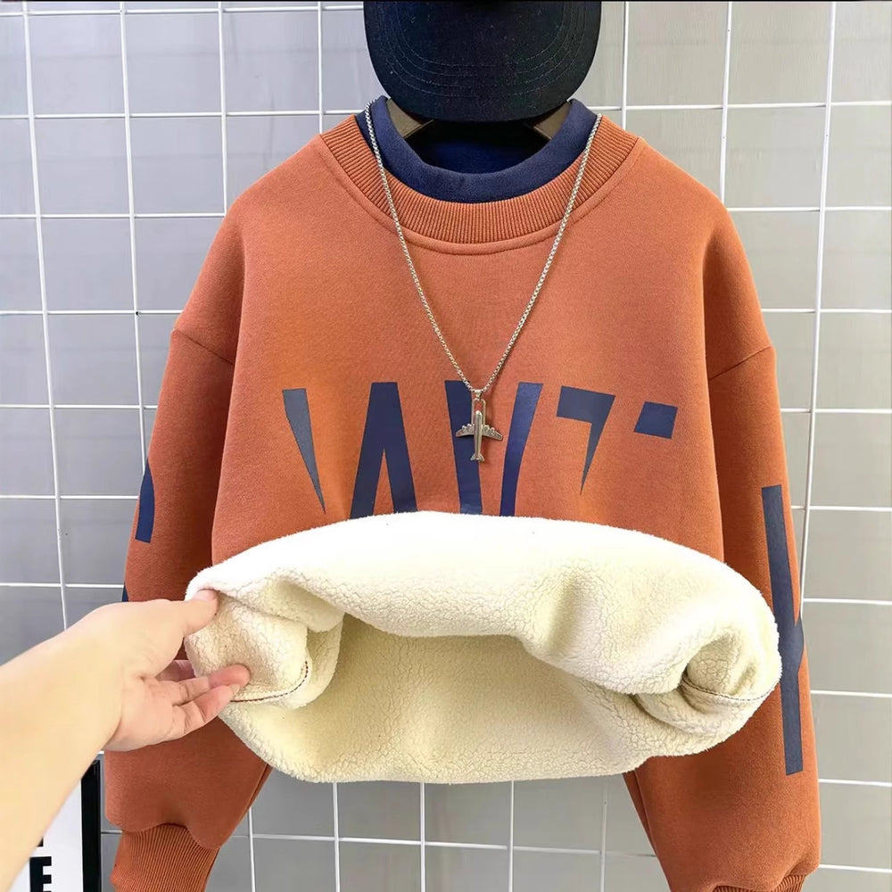 winter new arrival: mid-to-large size children's fleece-lined, extra-thick letter print trendy sweatshirt - boys' warm and cold-proof pullover