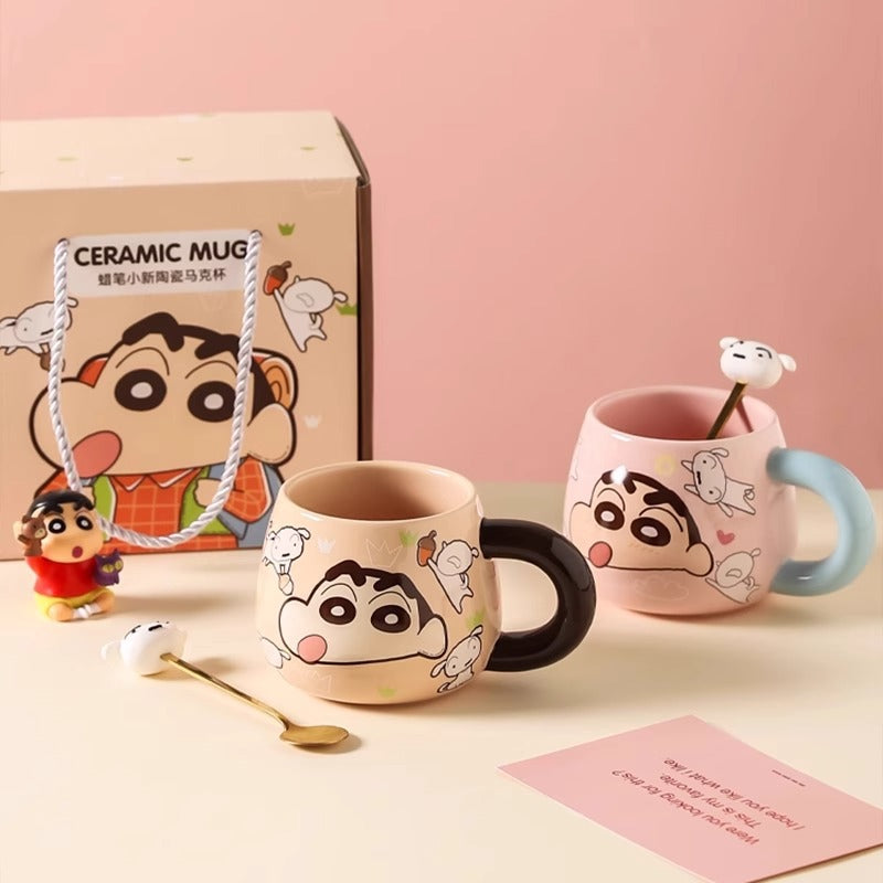 Crayon small new big belly mug with spoon gift box ceramic cup cute cartoon water cup high value coffee cup