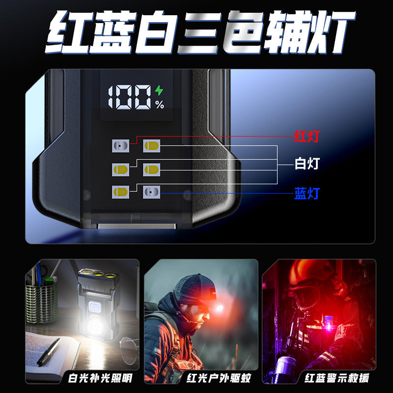 Cross-border keychain light charging magnetic suction red and blue warning strong light mini small flashlight multi-function LED clip hat light