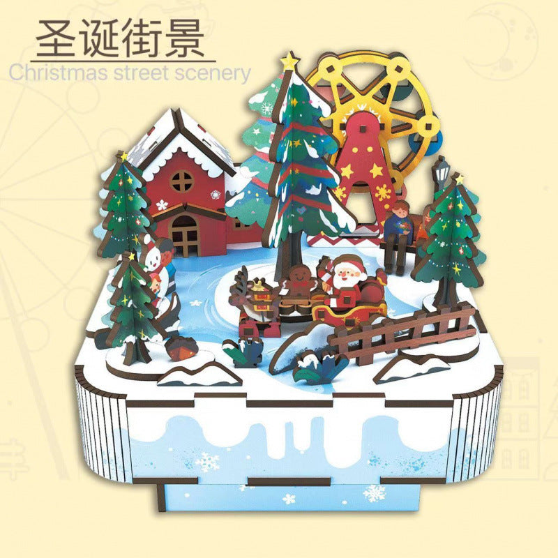 Cross-border export wooden splicing linkage scene educational toy fun smooth wood boy girl wooden music box