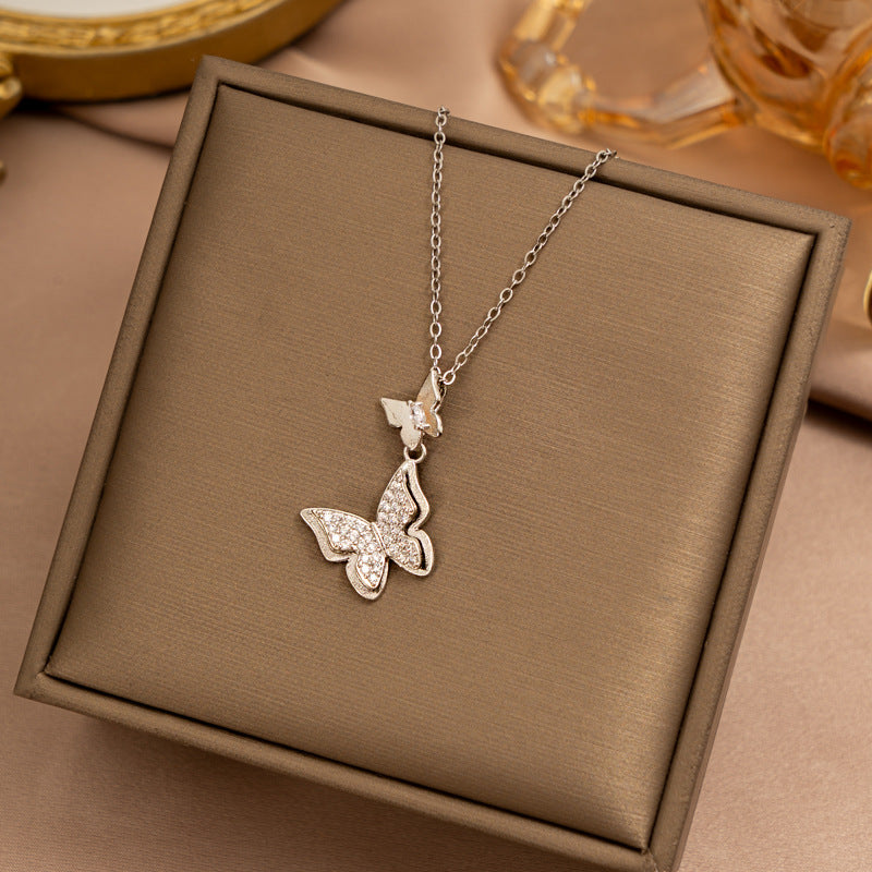 [set] european and american popular butterfly necklace earrings titanium steel light luxury exquisite new high-end sense clavicle chain jewelry