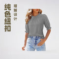 new women's solid color button-down crew neck ruched mid-sleeve top for cross-border