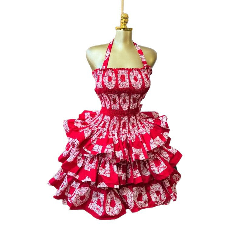 European and american cross-border women's fashion:  autumn new arrivals - sexy and elegant square neck bandeau halter neck printed ruffle trim dress