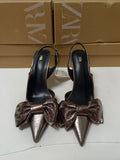 Za2024 summer new fashion bowknot metal strap high heel women's pointed toe slingback stiletto sandals