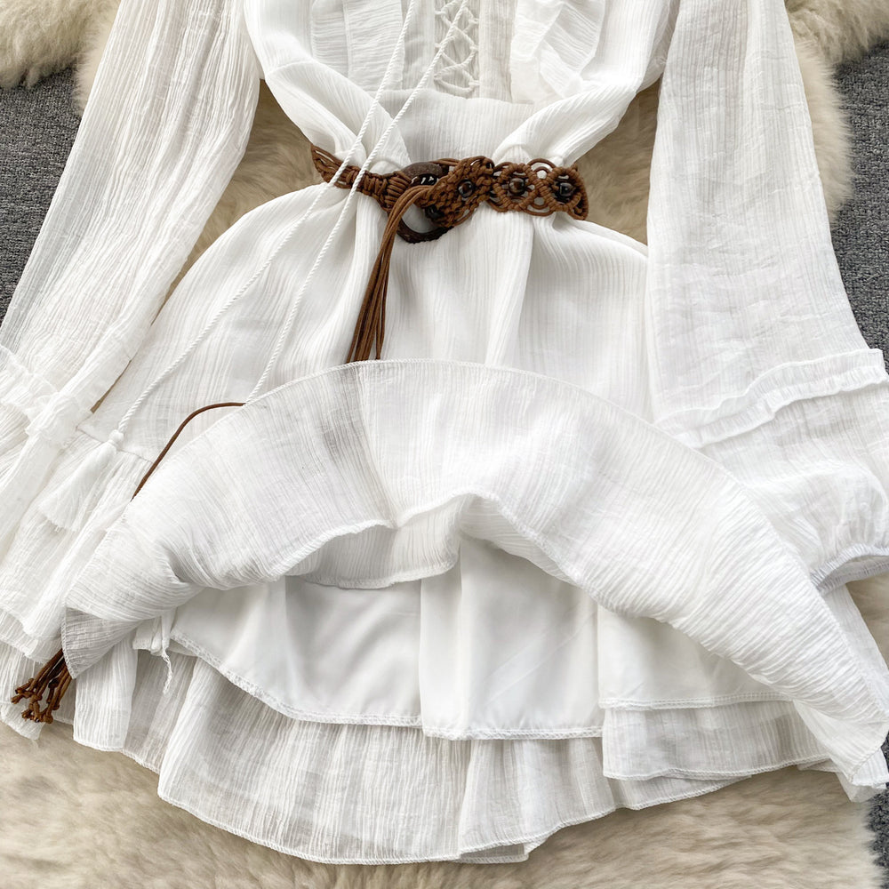 spring new arrival: sweet & chic vacation style - ruffled trim tie-waist bodycon mini dress with ruffle hem
