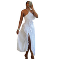 European and american cross-border women's fashion:  autumn new arrival - sexy and elegant white ruched ruffle midi dress