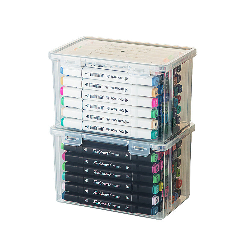 Desktop marker storage box with lid Transparent desk Stationery storage box Rectangle flip plastic pencil case