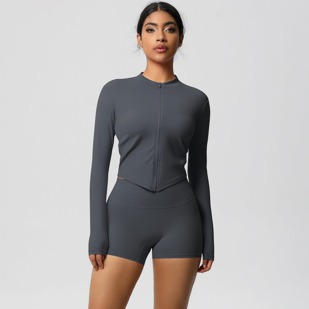 pure color brushed nylon nude zipper outwearlong sleeves yoga suit tight running sports fitness suit