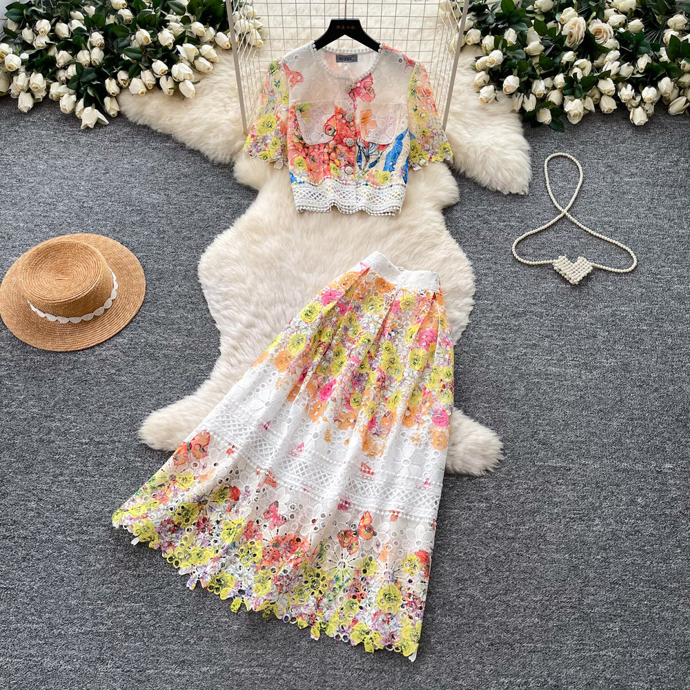 French chic lace print two-piece set: women's summer short-sleeve, designer-inspired, age-defying, slimming, and commute-friendly skirt suit