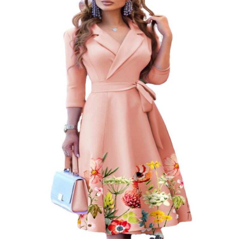 autumn new arrival  three-quarter sleeve dress v-neck fashion tie-waist printed dress