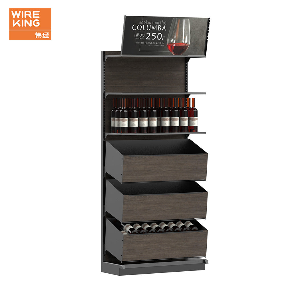 Customized multi-layer red wine shelves, supermarket wine area display shelves, iron-wood combined laminate adjustable wine shelves