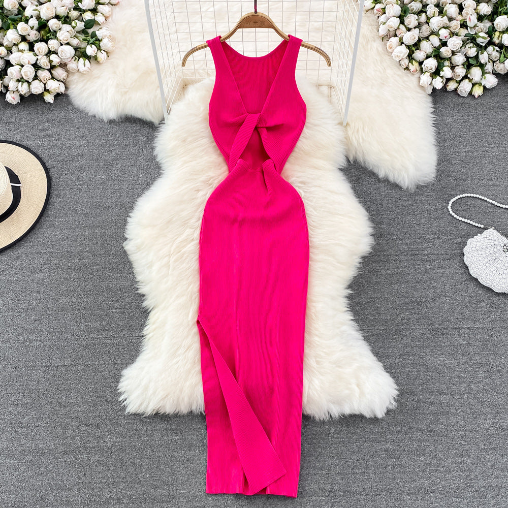 European and american style ins women's summer new sexy twist knot cleavage-enhancing hollow-out fashion two-way knitted dress
