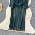 Frenchretro light mature style strappy waist lapel long sleevesdress women slimming lookelegant single-breasted denim long skirt