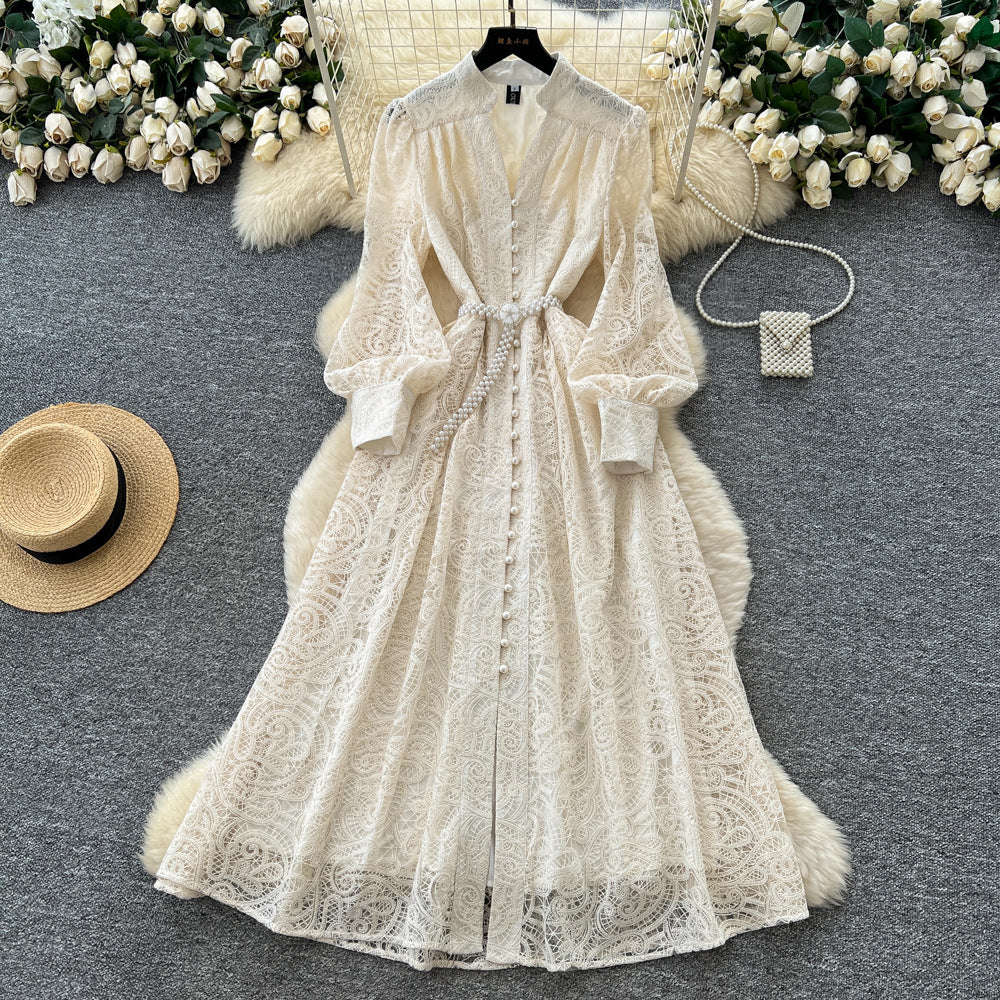 Frenchclassy stand collar v neck lantern sleeve lacedress women's waist slimming lookelegant single-breasted long skirt