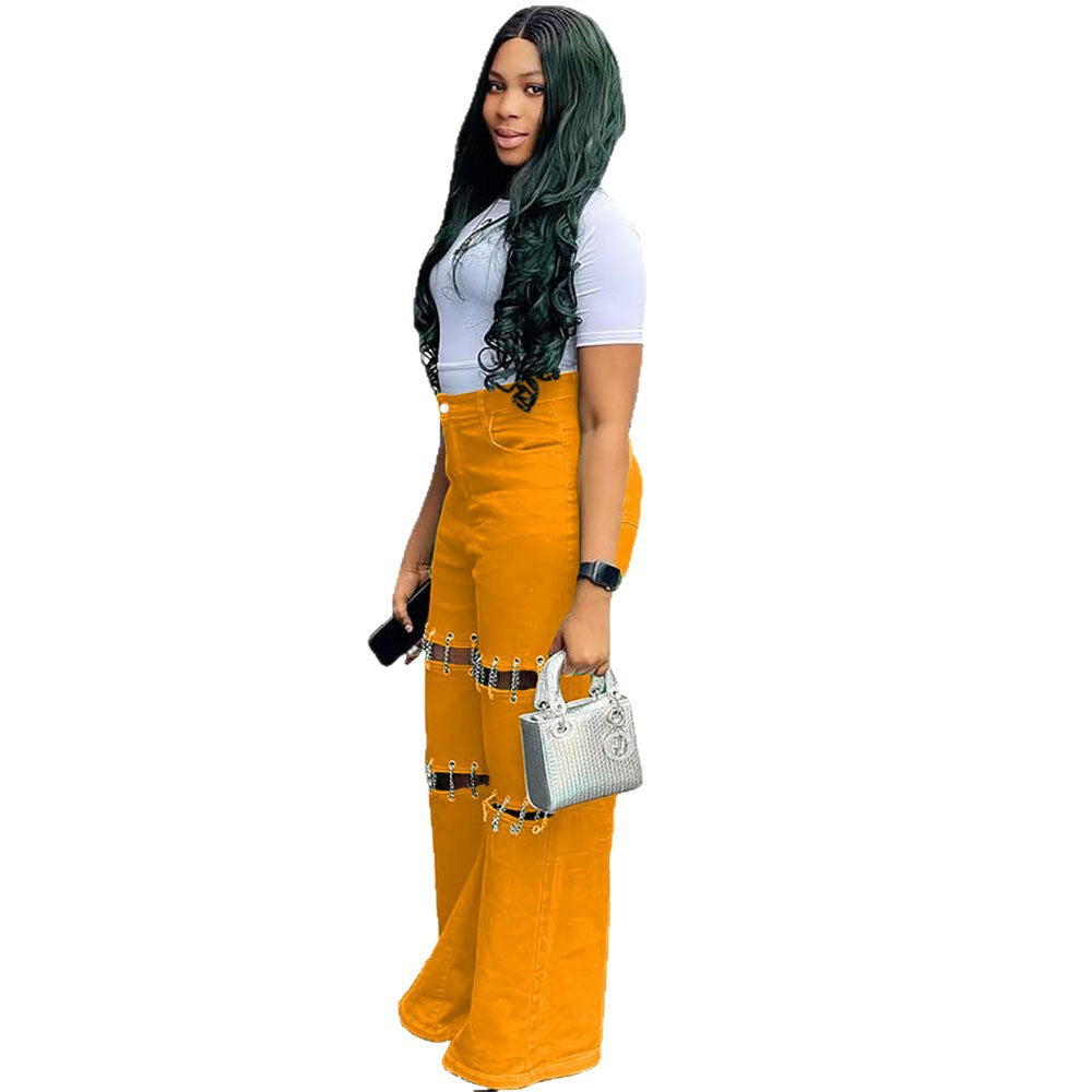 European and american style high-waisted jeans -  cross-border women's fashion chain detail, cutout design, straight-leg trousers