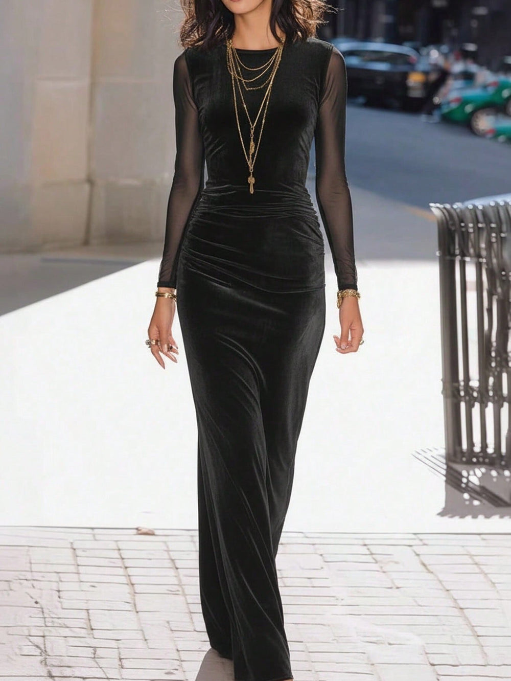Amazon cross-border women's black velvet mesh long-sleeve dress - slim fit, figure-flattering, elegant short-sleeve style