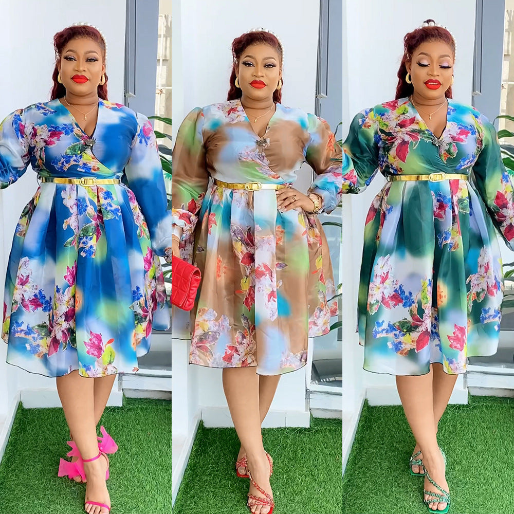 African  spring/summer new arrivals:  cross-border e-commerce women's plus size v-neck printed dress with belt