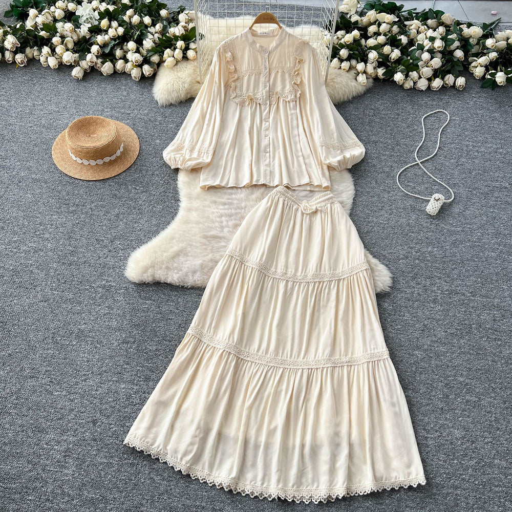 French chic outfit: women's vintage court style lace trimmed lantern sleeve single-breasted blouse with high-waisted flared midi skirt