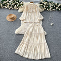 French chic outfit: women's vintage court style lace trimmed lantern sleeve single-breasted blouse with high-waisted flared midi skirt