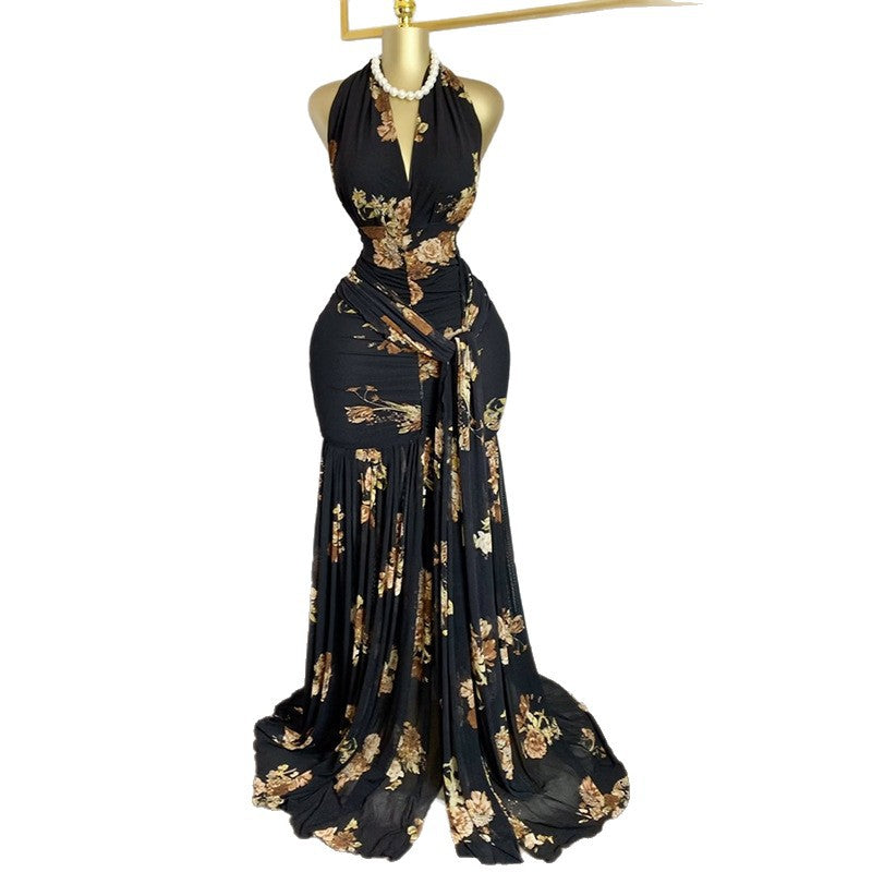 European and american cross-border women's fashion:  summer new arrival - elegant printed v-neck pleated sleeveless maxi dress