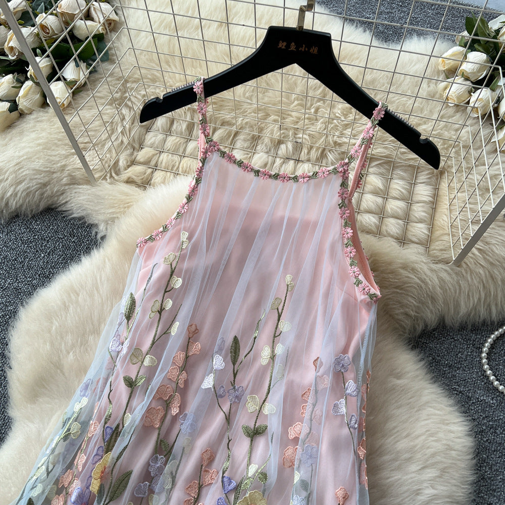 Super fairy stereo flower embroider mesh dress female summer sleeveless a-line elegant long skirt slimming look beautiful dress