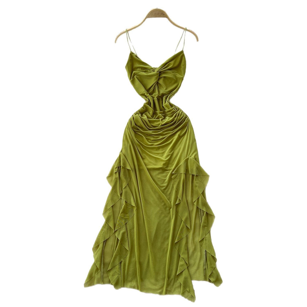 Goddess-style design: subtle twist knot cami dress - women's  summer collection - ruched waist, asymmetrical maxi dress