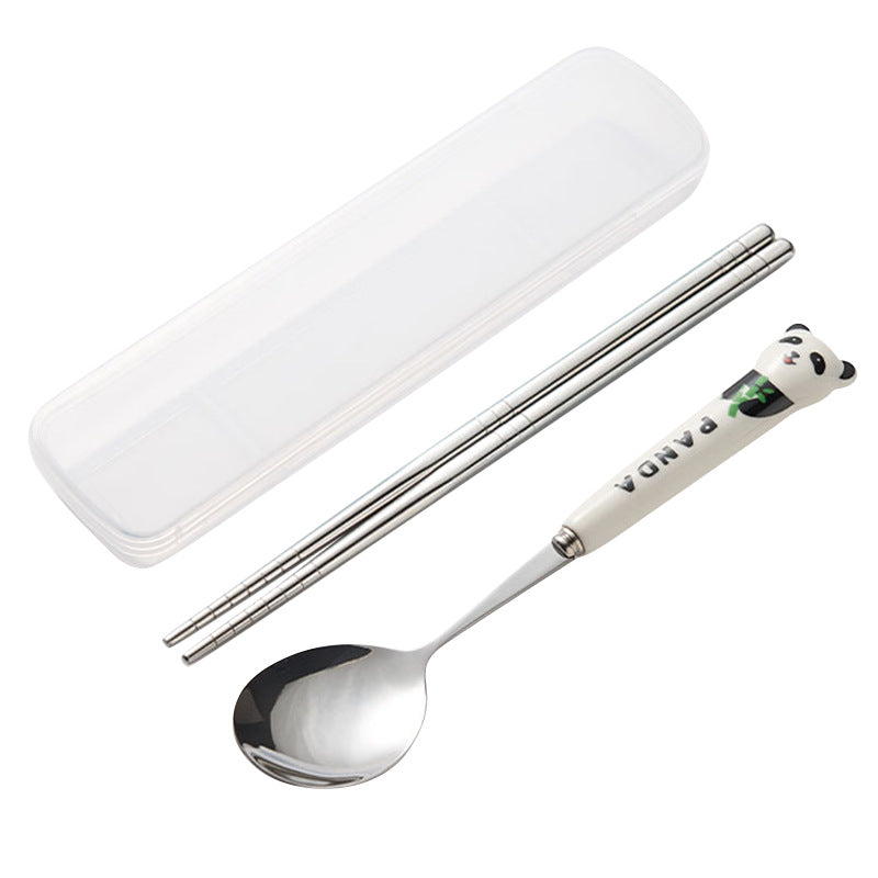 304 stainless steel portable cutlery set - creative panda design with ceramic handle fork, spoon, and chopsticks (3-piece set)
