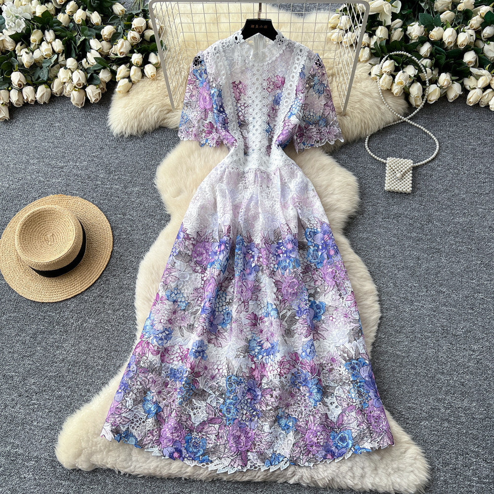 Frenchretro socialiteclassy sense of heavy industrycut out water-soluble lacedress women's waist slimming lookelegant long skirt