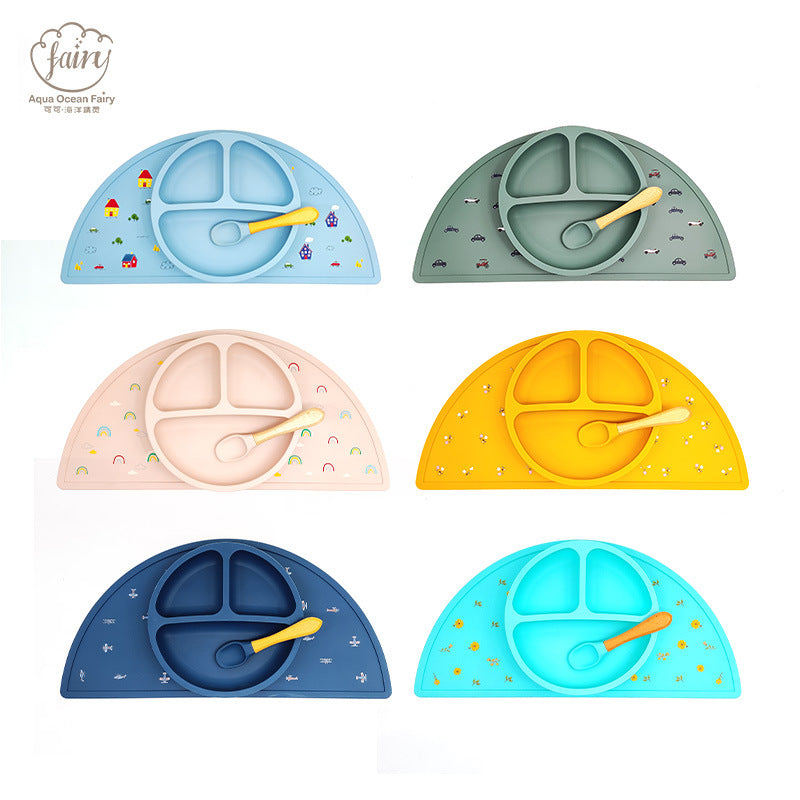 Factory wholesale food grade silicone complementary food bowl fork spoon saliva pocket 4-piece set grid plate children's tableware set