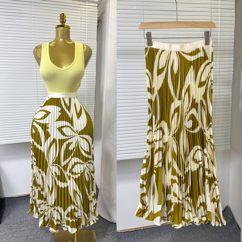 European and american style elegant pleated print midi skirt - high waist, slimming, flowy a-line skirt with elastic waistband - perfect for summer
