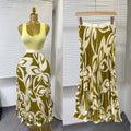 European and american style elegant pleated print midi skirt - high waist, slimming, flowy a-line skirt with elastic waistband - perfect for summer