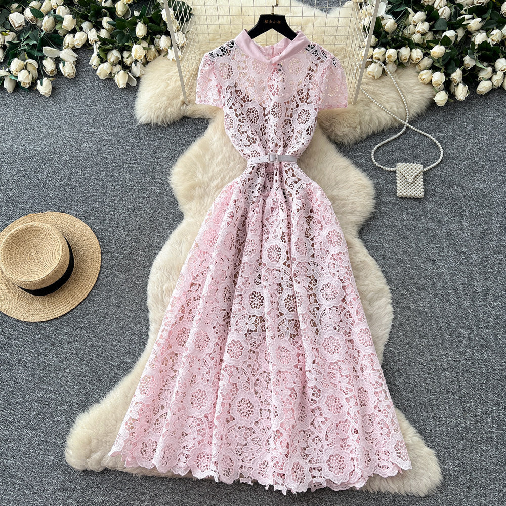 Korean style lace hollow-out sweet design dress - women's summer high-waisted a-line dress - commute-friendly, elegant, and chic maxi dress