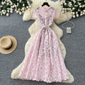 Korean style lace hollow-out sweet design dress - women's summer high-waisted a-line dress - commute-friendly, elegant, and chic maxi dress