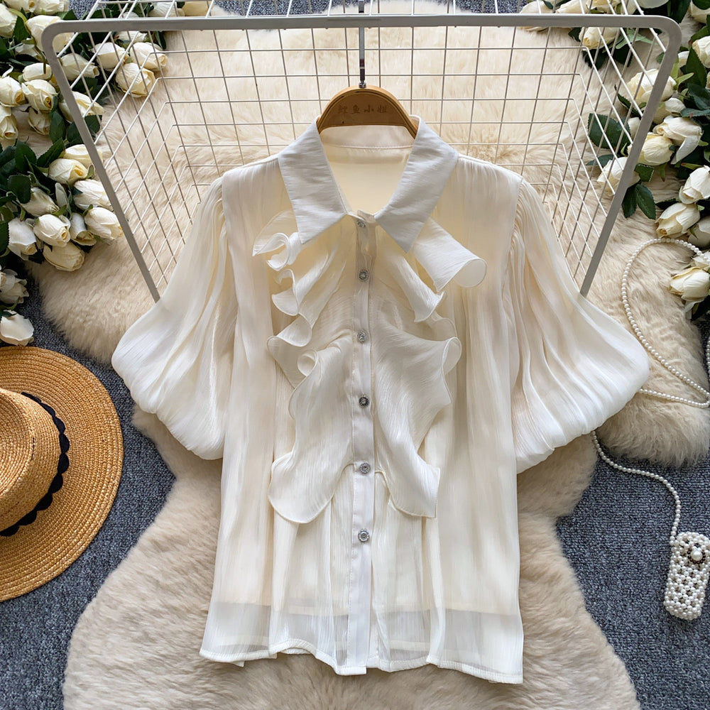 French court style breathable ruffle blouse - women's short sleeve lantern sleeve single-breasted satin-like commute top
