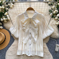 French court style breathable ruffle blouse - women's short sleeve lantern sleeve single-breasted satin-like commute top
