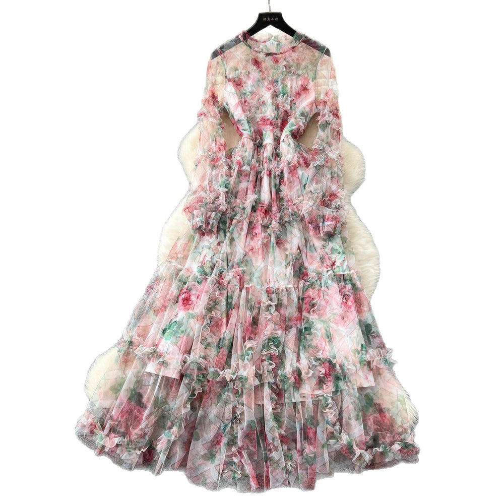 Frenchromantic atmosphere printingdress women's autum mesh fungus edge super fairy beautiful unique long skirt